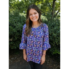 Erma's Closet Purple Floral Tunic with Double Ruffle Sleeve